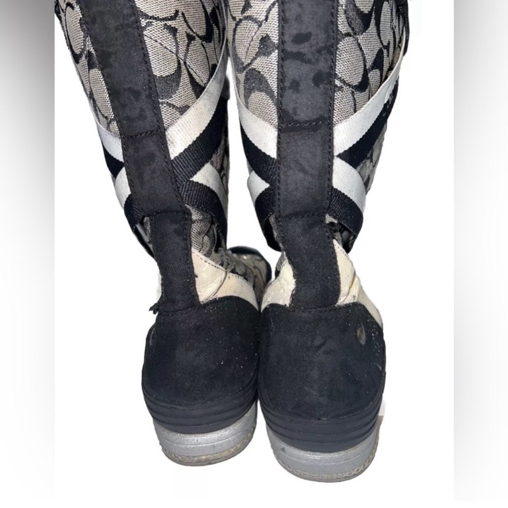 COACH Marian Lace Up Monogram Logo Insulated Mid Calf Boot Size 10 Black Cream - Picture 4 of 8